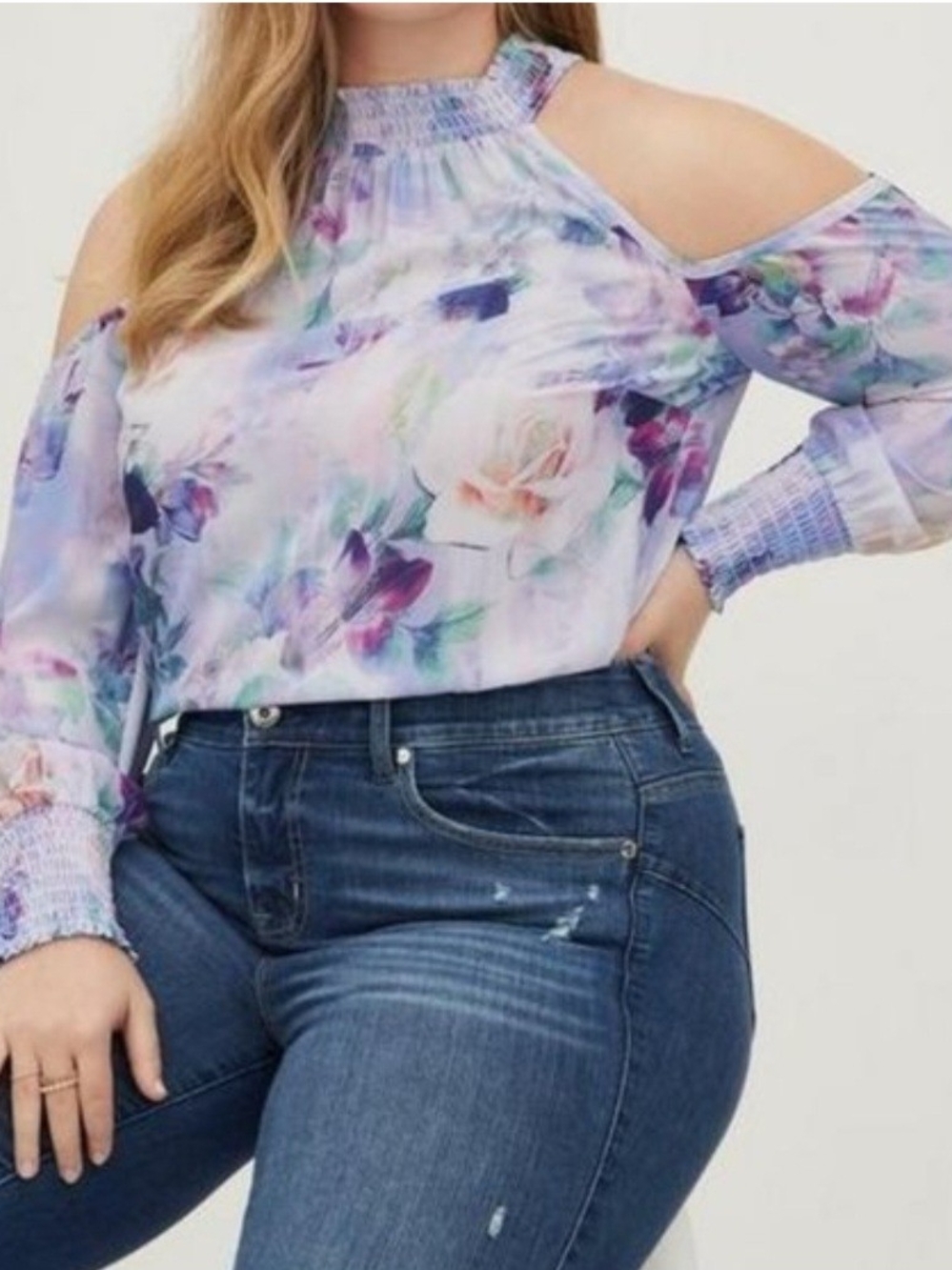 Torrid Georgette Smocked Neck Cold-Shoulder Floral Blouse Size 3 (22/24)